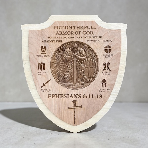 Escudo de madeira da Armadura de Deus; Guerreiro de Oração – Decoração de Parede Cristã – Efésios 6:11-18