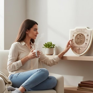 May include: A wooden shield-shaped plaque with engraved text and illustrations. The plaque features a central figure and various symbols, with the text "PUT ON THE FULL ARMOR OF GOD" and "EPHESIANS 6:11-18". The plaque is displayed on a shelf.