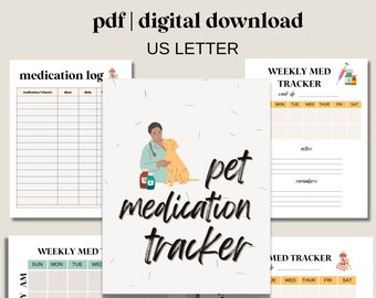 Puede incluir: Seguimiento de medicamentos para mascotas imprimible con un registro semanal, un registro de medicamentos y notas de recordatorio. El seguimiento presenta una ilustración de dibujos animados de un veterinario que le da una píldora a un perro.