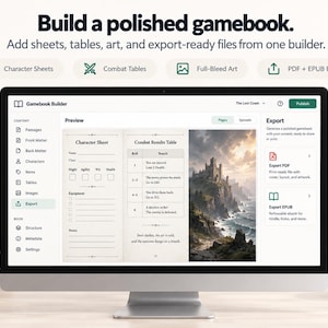 Op de afbeelding: Een computermonitor met de interface van de Gamebook Builder-software. Het scherm toont een voorbeeld van een personageblad, een gevechtstabel en een illustratie van een kasteel. De zijbalk bevat inhoudsopties zoals passages, personages en exportinstellingen.