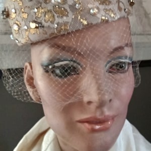 Blingy, Fun, Classic Retro/Vintage 60&#39;s Golden Brocade Fascinator Pillbox Hat With Rhinestones and Mystery Veil