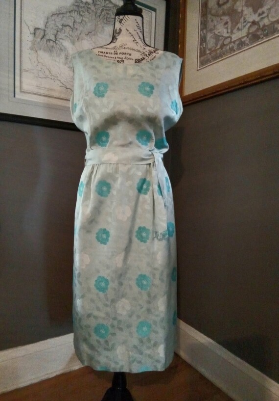 Vintage 50's Cornflower Blue Silk Sheath Dress an… - image 2