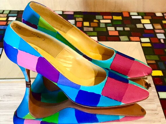 Colorful Vintage 60's/70's Patchwork Linen Pumps … - image 1