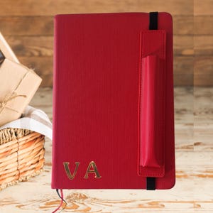 Personalized Red Vegan Leather A5 Notebook | Lined Journal with Pen Holder | Custom Initials