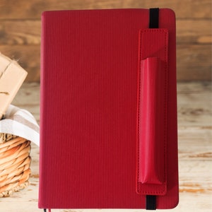 Red Vegan Leather A5 Notebook: Lined Journal with Pen Holder