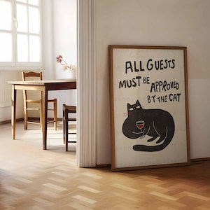 Impresión artística de pared con un divertido gato negro, póster con ilustración de un gatito adorable, regalo para amantes de los gatos, gato haciendo cosas imprimible, descarga digital