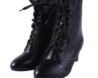 Victorian Style PU Leather Ankle Boots with Steampunk Lace Up Design and Low Kitten Heel