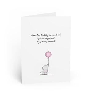Elephant with Balloon Happy Birthday Card, Blank Inside, Whimsical, Hand Drawn, Greeting Card