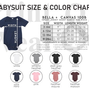 May include: A size and color chart for Bella + Canvas 100B infant jersey short sleeve one-piece bodysuits. The chart shows sizes from 3-6 months to 18-24 months, with corresponding width, length, and weight measurements in inches and pounds. The chart also shows the different color options available, including white, athletic heather, dark grey heather, black, solid navy, pink, heather mauve, and heather maroon.