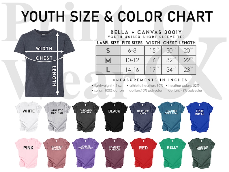 May include: Youth size and color chart for Bella + Canvas 3001Y short sleeve t-shirts. The chart shows label sizes, fits sizes, width, chest, and length measurements in inches. The chart also shows a variety of colors available for the t-shirts.