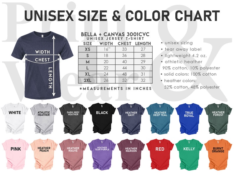 May include: Unisex size and color chart for Bella + Canvas 3001CVC jersey t-shirts. The chart shows the width, chest, and length measurements in inches for sizes XS to 2XL. The chart also lists the fabric composition for solid and heather colors.  The image shows a variety of t-shirt colors, including white, athletic heather, dark grey heather, black, heather navy, heather deep teal, true royal, heather forest, pink, heather peach, heather mauve, heather team purple, heather maroon, red, kelly, and burnt orange.