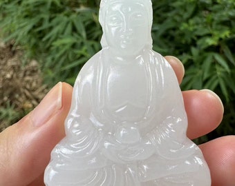 Natural White Jade Guanyin Bodhisattva Necklace Pendant Hand-Carved Lucky Amulet, Health Meditation Feng shui buddha Quan Yin buddhism D0376