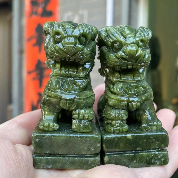 A Pair Natural Jade lion Statue Feng Shui Home Decor Foo-Dogs Lion Temple Guardian Collectibles Luck Success meditation Stone healing DD0187