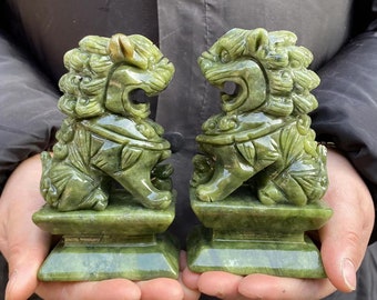 Pair Natural Jade lion Statues Feng Shui Home Decor,Foo-Dogs Lion Temple Guardian, Luck Success Fengshui meditation healing Ornaments gifts.