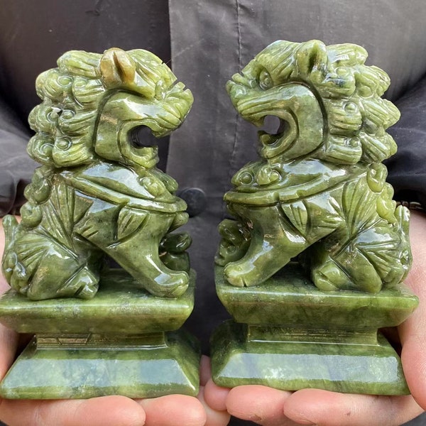 Pair Natural Jade lion Statues Feng Shui Home Decor,Foo-Dogs Lion Temple Guardian, Luck Success Fengshui meditation healing Ornaments DD0229