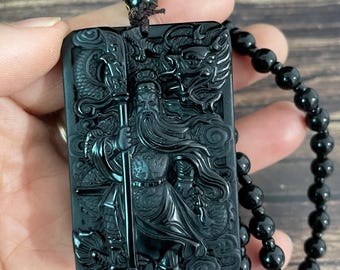 Natural Obsidian GuanYu Pendant Necklace Rosary Mala Tibetan Necklace Meditation Beads Chain Pendant decor gift .