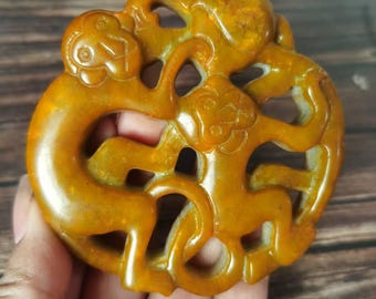 1pcs Natural Yellow Jade Monkey ,Jadeite  Amulet Pendant for Men, Monkey Charm Amulet Talisman, Chinese Zodiac Carved Pendant Fengshui decor