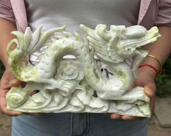 9.4 inches,Exquisite Green and White Jade Dragon, Crystal Dragon skull, Quartz Crystal gift，Stone Dragon, Crystal ornament, Crystal healing.