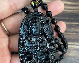 Natural Obsidian guanyin Buddha Pendant Necklace Rosary Mala Nepalese Necklace Beads Hip Hop Chain Pendant Charm .