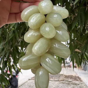 May include: A bunch of pale green, oval-shaped grapes with a polished, glossy finish. The grapes are attached to a brown stem and are held up by a hand. The background features green foliage and a glimpse of a sidewalk.