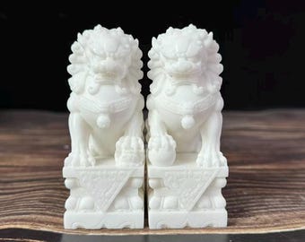 Pair Natural  Marble Carving Fu Dogs & Temple Beijing Lions Statues Feng Shui Decor, Stone healing Foo-Dogs Lion Temple Guardian Sculpture