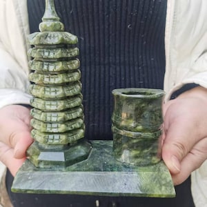 Exquisite green Jade Tower With Pen Holder,Energy Crystal Tower, Healing Crystals, Energy Balancing ornament, green jade carving pen holder.