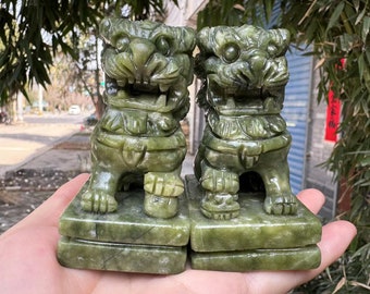 3.15''  Pair Natural Jade lion Statues Feng Shui Home Decor, Foo-Dogs Lion Temple Guardian, Luck Success Feng shui meditation healing gifts
