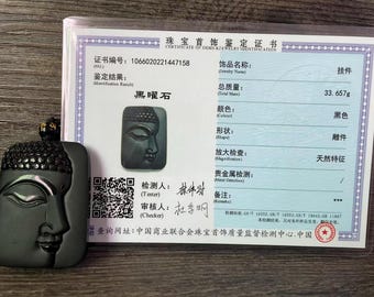 Natural Obsidian Pendant, Crystal Jewelry with Certificate, Half Buddha Face Amulet