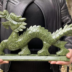 Large Natural Green Jade Dragon Fengshui Figure Statue Sculpture,Hand Carved Jadeite Dragon Dragons Loong Statue meditation healing Success