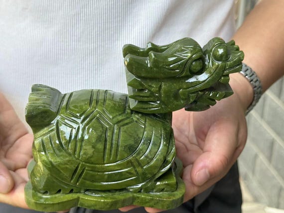 Natural Green Jade Fengshui Dragon Turtle Handcarved Masterpiece