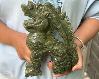 Natural  Green jade Dragon Statue Chinese Feng Shui Lucky Loong animal Figurine for Luck Success, Zodiac Dragon  Crystal Healing ornament