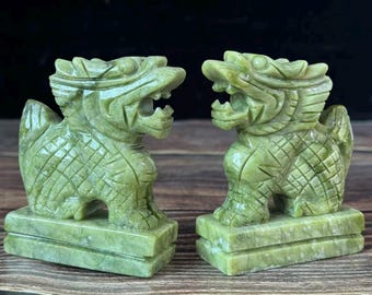 Pair Natural green jade qilin Statue Wealth decor ,Feng shui Office Desk pixiu animal Figurine Sculpture Luck Success,Store Opening gifts