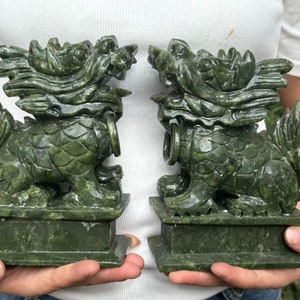 Pair Natural Jade Feng Shui Pi Yao/Pi Xiu statue for Wealth Good Luck Figurine,Collectible Qilin qi lin,Stone brave troops Beast Wealth D410