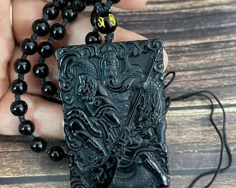 Natural Obsidian GuanYu Pendant Necklace Rosary Mala Nepalese Necklace Meditation Beads Hip Hop Chain Pendant Charm .