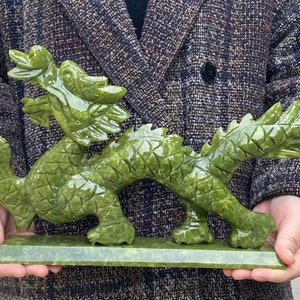 Large Natural Carved Green Jade Dragon Fengshui Figure Statue Sculpture,Luck animal Hand Carved Jadeite Sculpted Dragon Dragons Loong decor