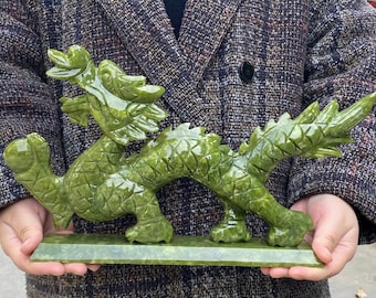 Large Natural Carved Green Jade Dragon Fengshui Figure Statue Sculpture, Large Hand Carved Jadeite Sculpted Dragon Dragons Loong