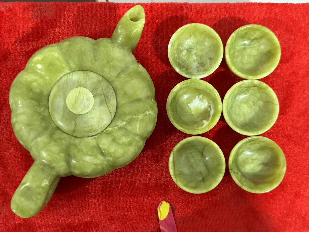 Jade Tea Set Tea Pot 6 Cups in Box, Natural Jade Healing Health Crystal ...
