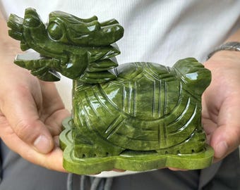 Natural Green Nephrite Jade Fengshui Turtle Dragon Handcarved Masterpiece Detailed Natural Jade  skull healing Display Decorative statueD419