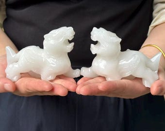 Pair Natural white Jade pixiu statue Feng shui Unicorn Beast Statue Warding Off Evil Energy Guardion  Lion ornaments Opening gift craft