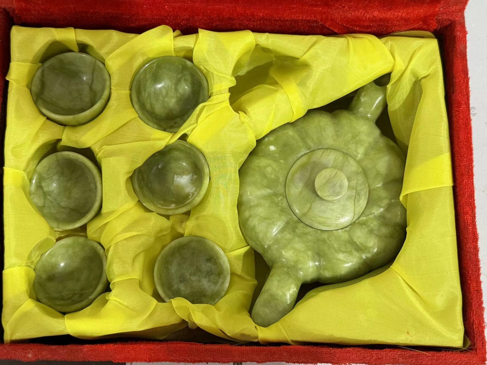 Jade Tea Set Tea Pot 6 Cups in Box, Natural Jade Healing Health Crystal ...