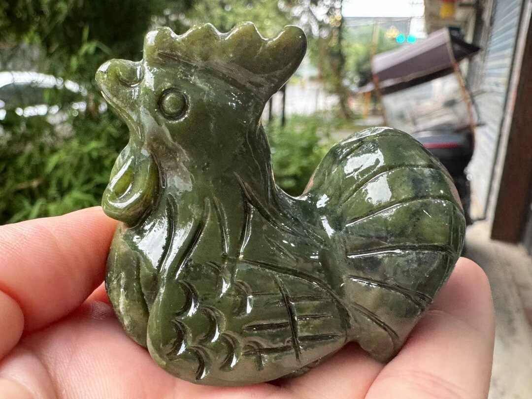 Mini Natural Jade Rooster Statue Decor Fengshui Wealth Zodiac Rooster