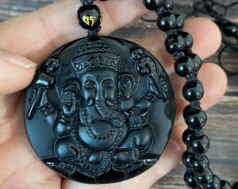 Natural Obsidian Buddha Pendant Necklace Rosary Mala Buddhist Tibetan Necklace Meditation Beads Hip Hop Chain gift .