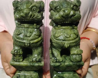 A Pair Natural Exquisite Green Jade foo dog lion statue,Crystal Healing, Tibet lion dance costume,living room decor Warding Off Evil  Energy