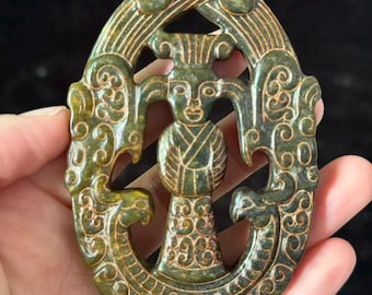 1 Pcs Natural Xiuyan Jade Pendant – Hand-Carved Dragon Phoenix and Figure Feng Shui Ornament collection