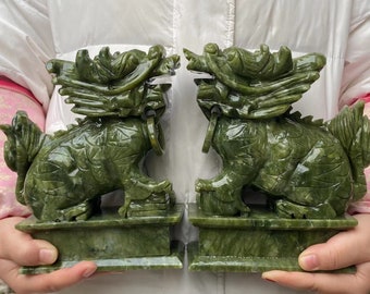 Natural green jade Qilin Statue Wealth,Office Desk, pixiu animal Figurine Sculpture Good Luck Success,Store Opening Feng Shui lucky Gift