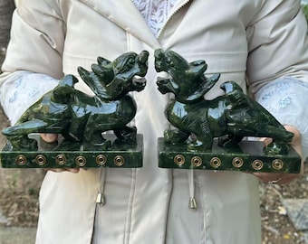 Pair natural Green jade Pi Yao/Pi Xiu Wealth brave troops Statue,Feng Shui jade Decor crystal healing lucky Fu Foo Dogs Unicorn Statues