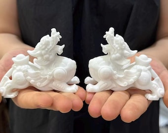 Pair Natural  Marble Carving pixiu Statues Feng Shui Decor, Stone healing qilin  Temple Guardian Sculpture Opening gift wealth Beast unicorn