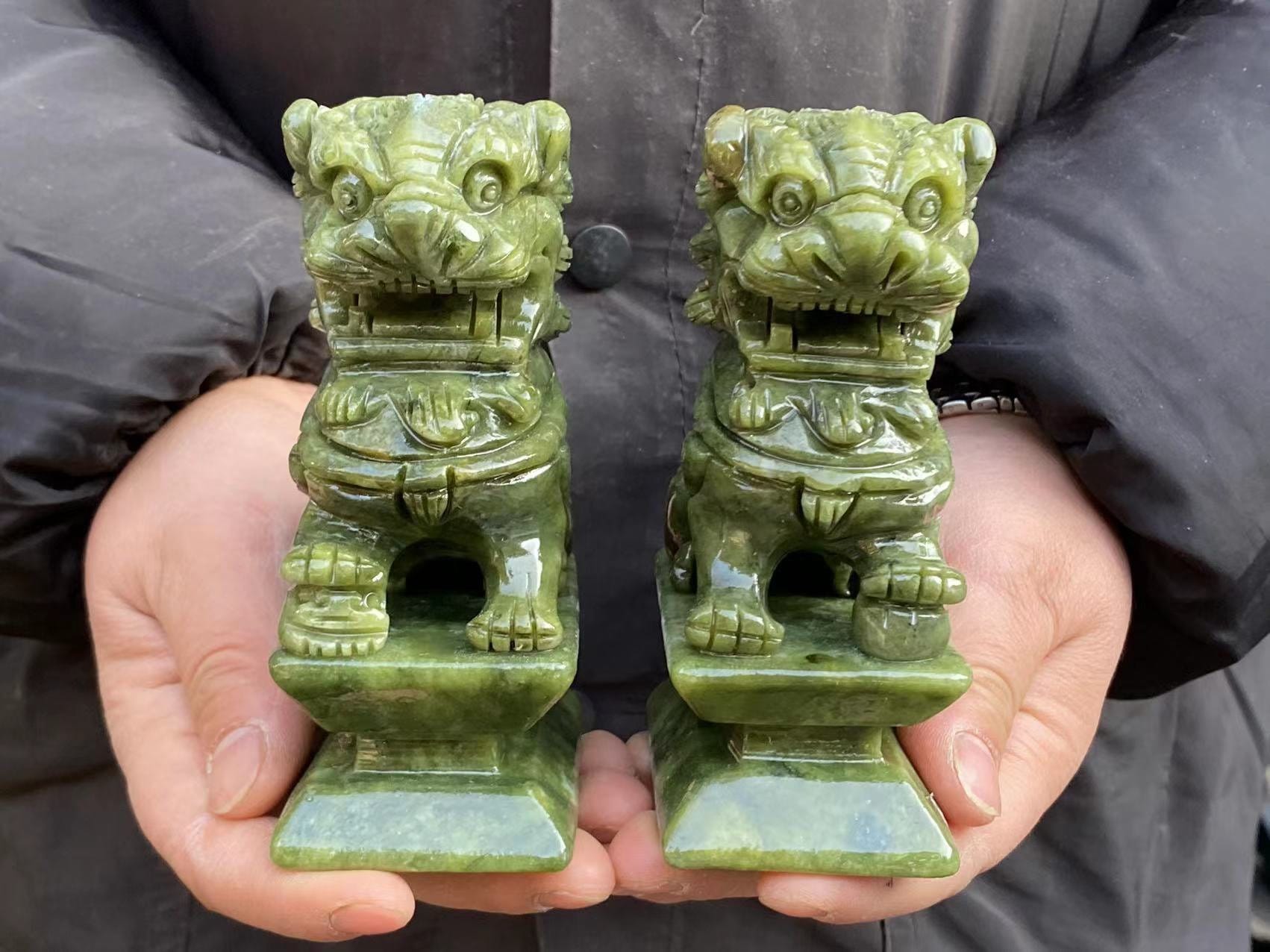 Pair Natural Jade Lion Statues Feng Shui Home Decor,foo-dogs Lion
