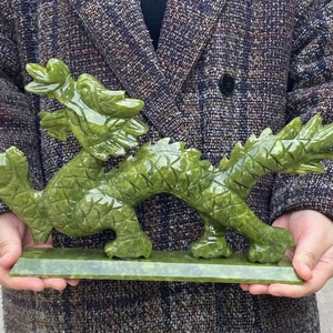Large Natural Carved Green Jade Dragon Fengshui Figure Statue Sculpture, Large Hand Carved Jadeite Sculpted Dragon Dragons Loong Feng shui