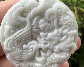 Natural Jade Necklace Phoenix Pendant Hand-Carved Lucky Amulet ,Wonderful Crystal Carved Feng shui  Dragon Loong Pendants Charms gift DD0371